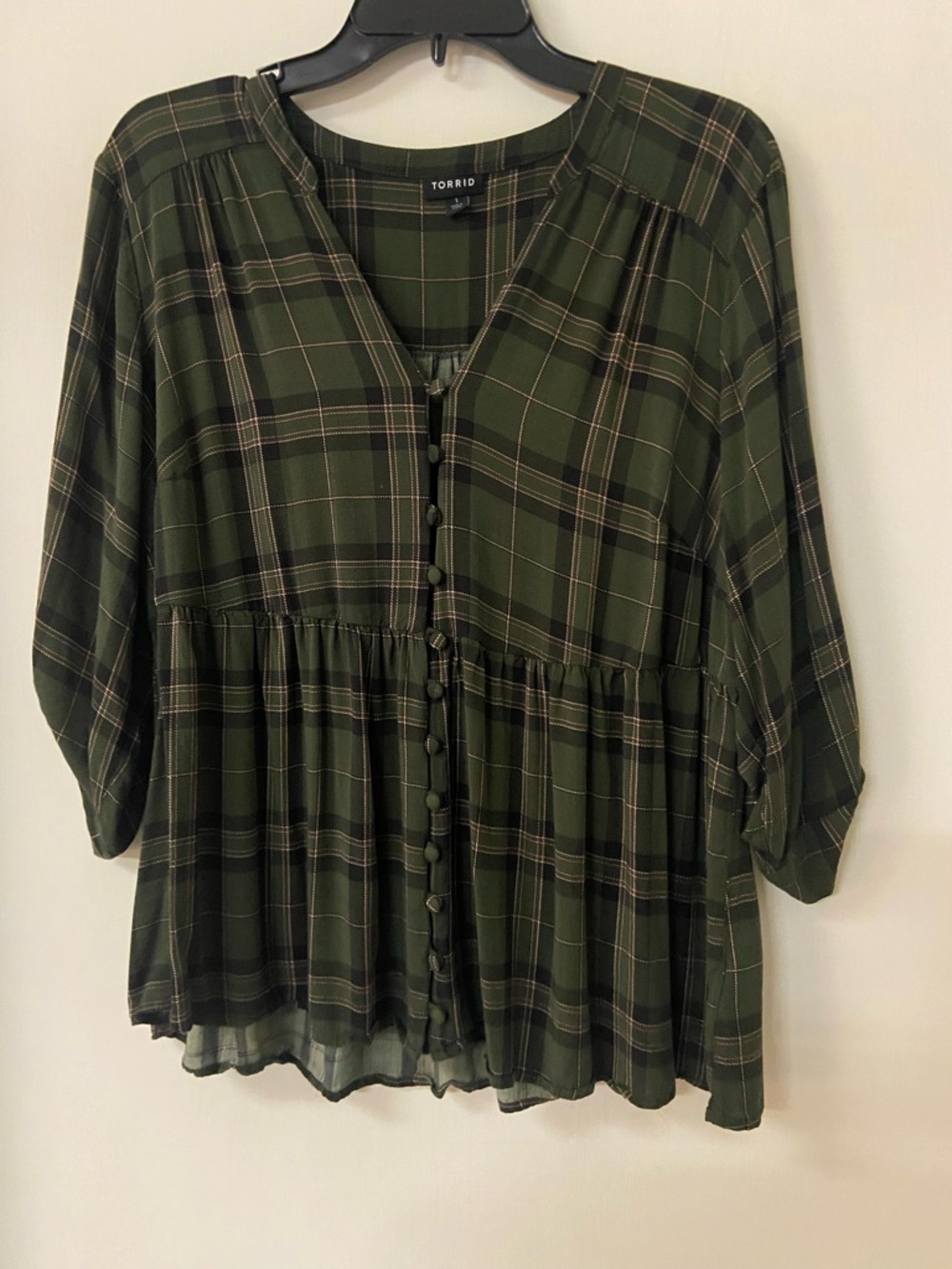 Torrid babydoll 3/4 Sleeve Roll Tab Army Green Plaid Button Down Top Shirt  Sz 1